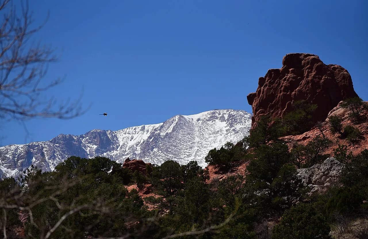 Pikes Peak rising behind the Garden of the Gods in Colorado Springs